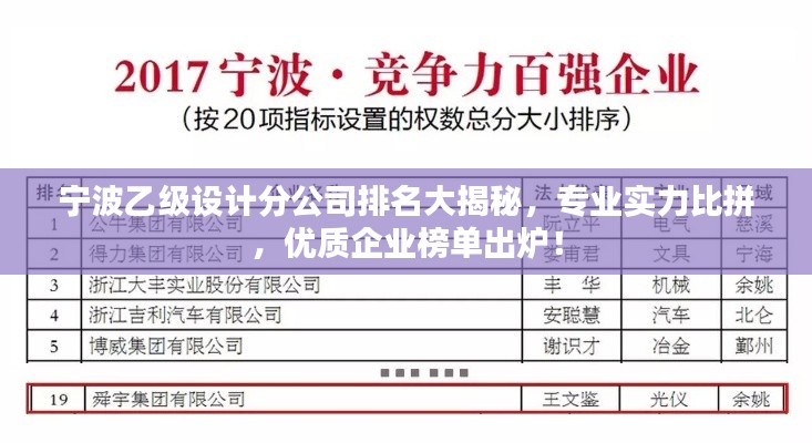宁波乙级设计分公司排名大揭秘,专业实力比拼,优质企业榜单出炉!
